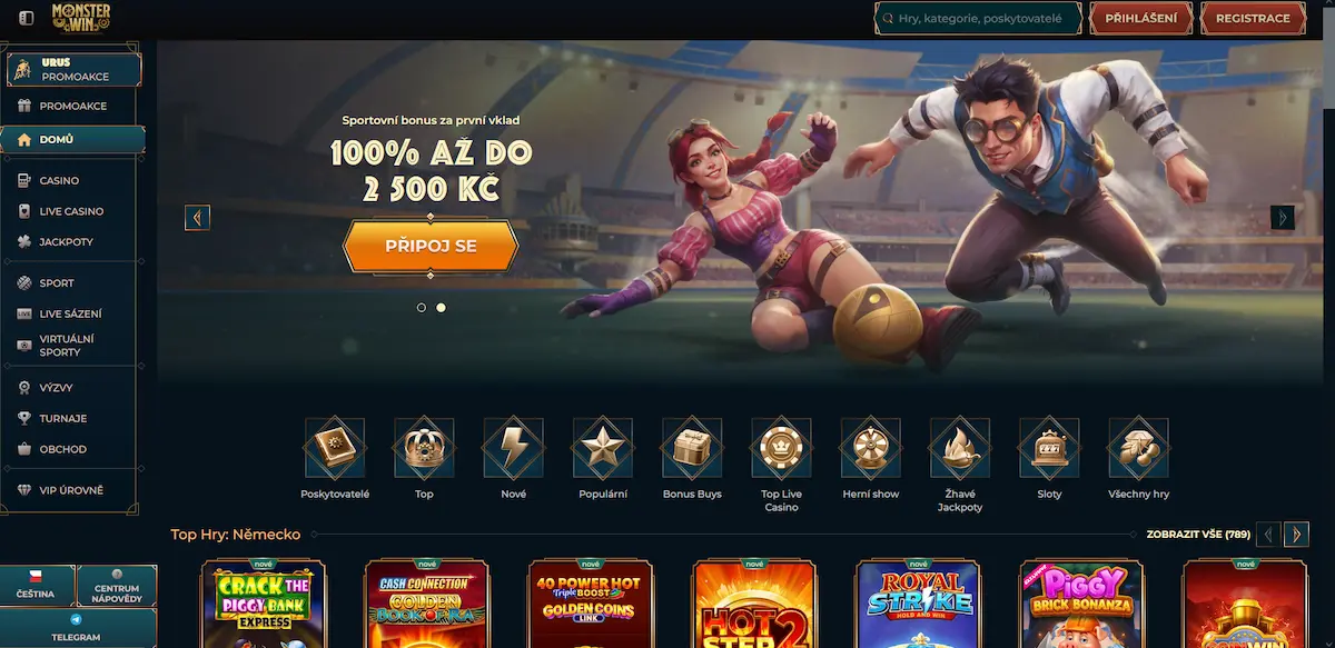 Herní lobby Monsterwin Casino s výherními automaty a jackpoty