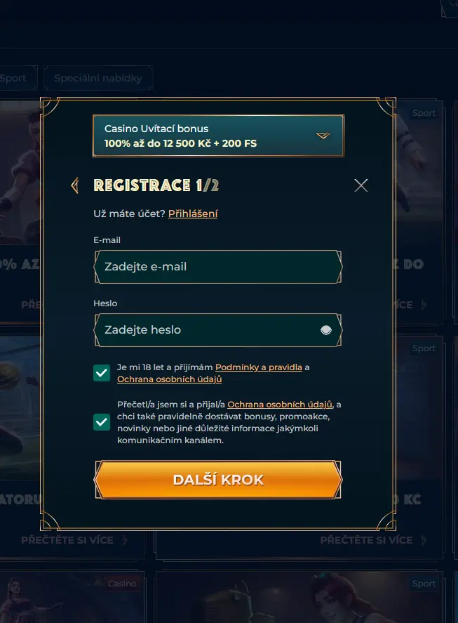 Registrační formulář nového účtu v Monsterwin Casino