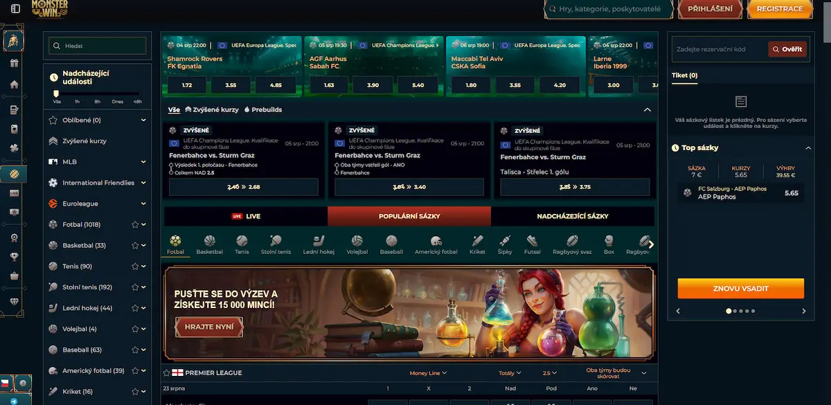 Sportovní sázení a live kurzy v Monsterwin Casino